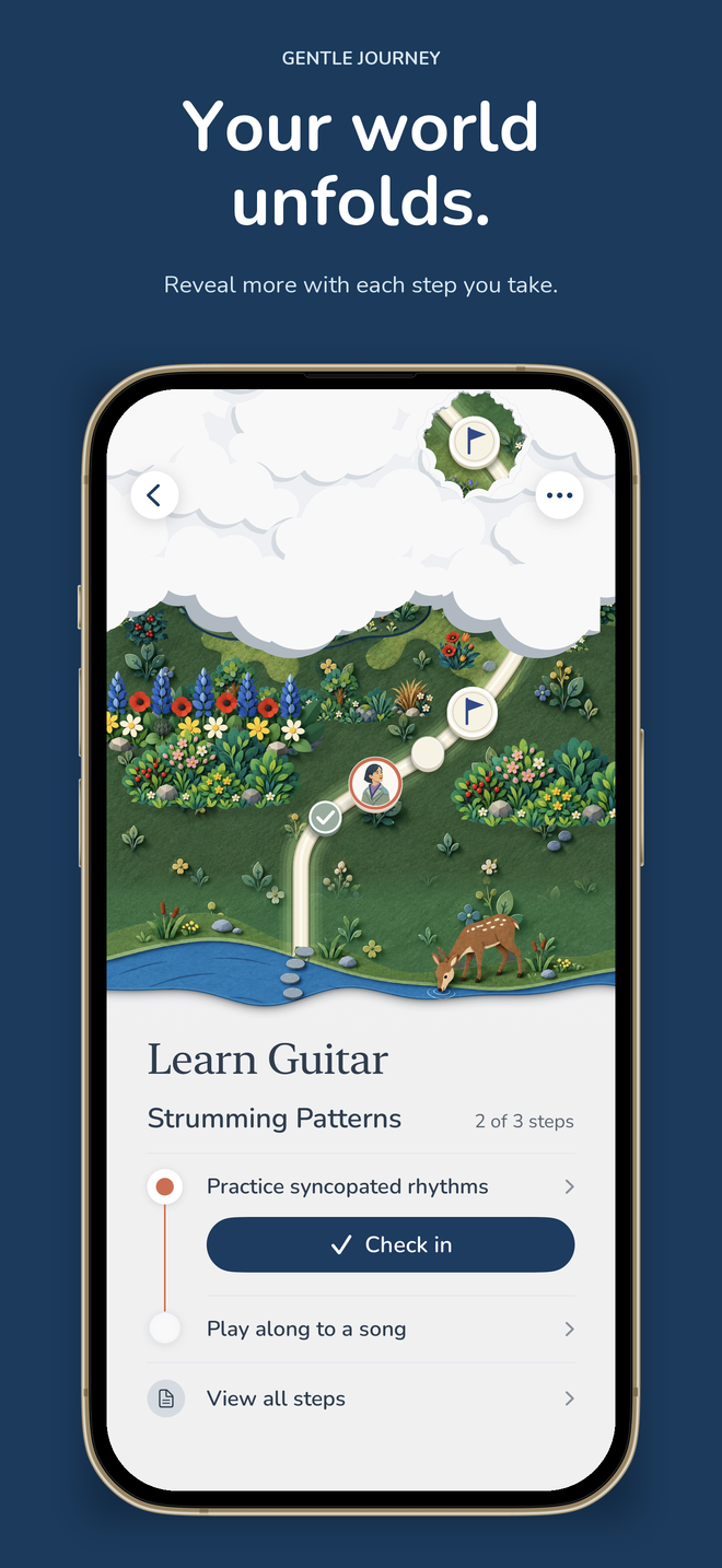 Gentle Journey Forest journey with a revealed path, waypoints and the next step, “Practice syncopated rhythms”.